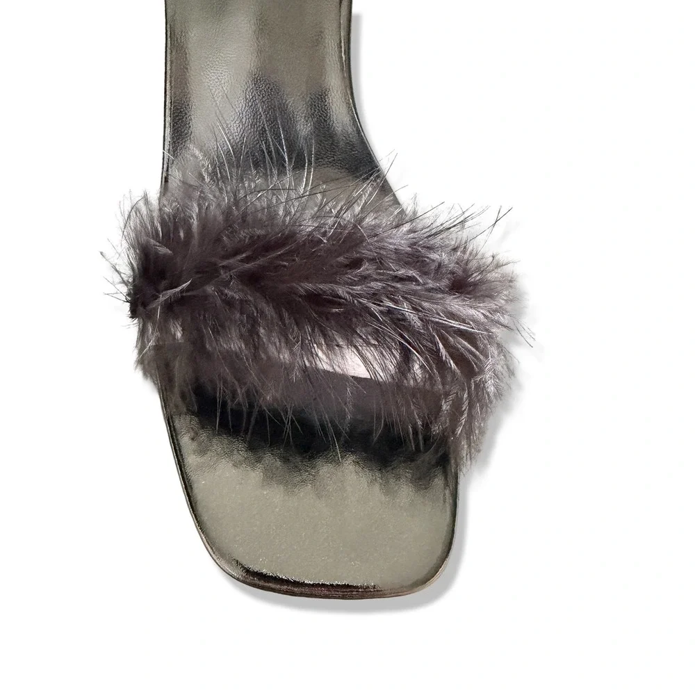 Black Feather Ankle Strap Sandals Cut Out Block Heel Square Toe Sz 11.5 EUR 44
